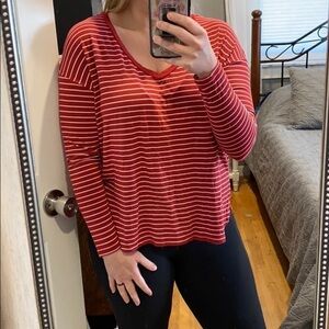 AEO Soft & Sexy V Neck Red White Stripe EUC